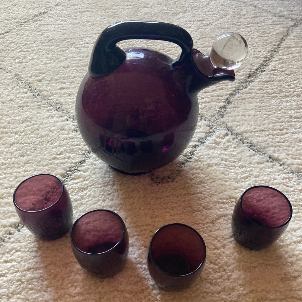 Cambridge glass vintage purple decanter Vase and glass set with etched monogram